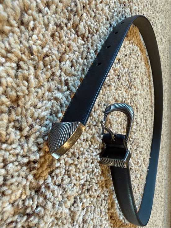 Accessories - Black Leather Belt with Decorative Silver-Tone Buckle